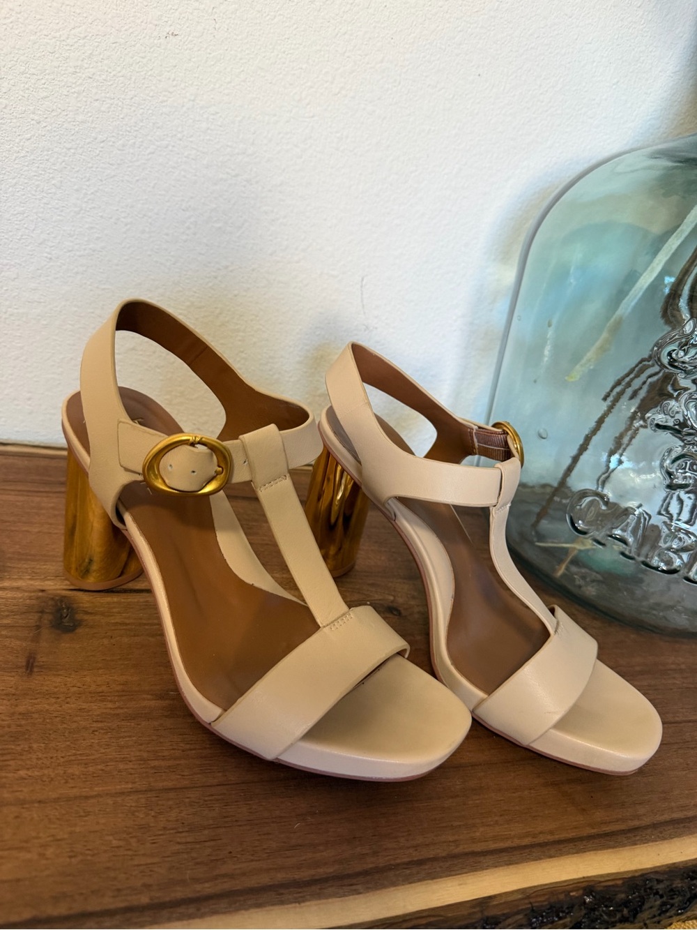 Naturalizer Nude T-Strap Sandals with Gold Block Heel - Picture 4 of 8